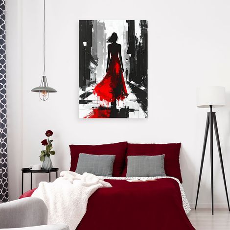 Wandbild Abstrakte Frau in einem roten Kleid die eine Straße entlanggeht 40x60 (1/4)