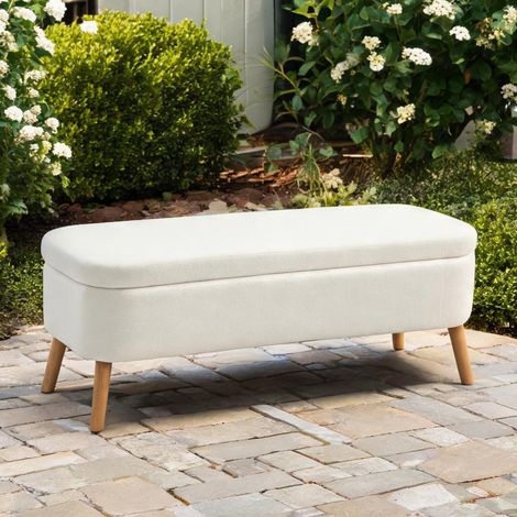 Coffre banc de rangement 120 cm en bois et tissu blanc crème (1/5)