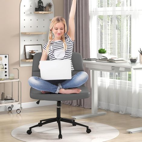 Criss Cross Chair with Wheels PU Leather Upholstered Cross-legged Office Chair & Oversized U-shaped Seat Grey (1/5)