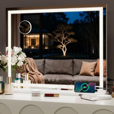 Miroir de Maquillage Hollywood Lumineux avec Diamant écrasé, Miroir Coiffeuse LED Dimmable et 3 Couleurs de Lumière, avec Port USB, Type-C et Loupe Grossissante 10x, Contrôle Tactile, 70x57 (1/5)