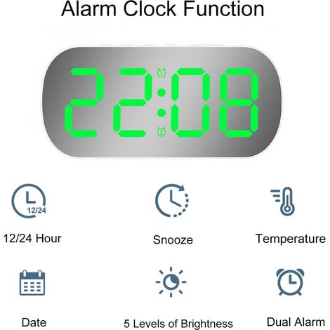 Piccola sveglia digitale con indicazione della temperatura, data, modalità notturna, cinque livelli di luminosità, doppia sveglia e funzione snooze (luce bianca con luce verde). (1/4)
