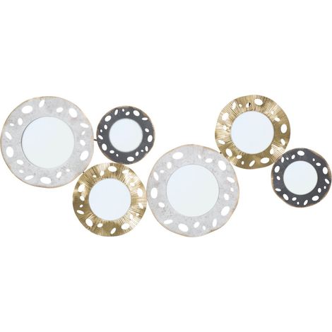 Pannello decorativo da parete Gloty B con sei specchi tondi in ferro oro, argento e nero 104x45 cm