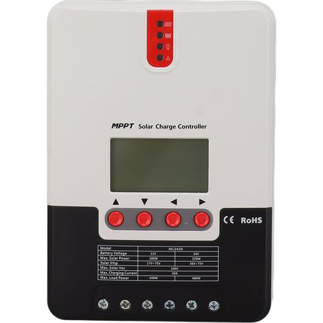 Contrôleur de charge solaire MPPT 12 V/24 V 20 A avec écran LCD et indicateurs LED, paramétrable pour panneaux solaires et batteries au lithium. (1/5)