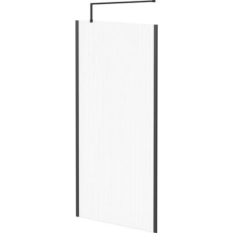Colore 8mm Fluted Glass Matt Black 1850mm x 1000mm Walk In Shower Screen including Wall Channel with End Profile and Support Bar (1/5)