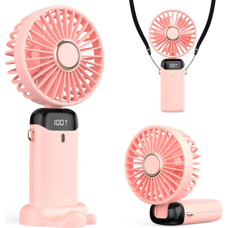 Ventilateur Portable 4200mAh USB avec Écran LED 3-en-1 Main/Cou/Bureau Pliable et Inclinable à 90° Idéal pour Été Bureau Chambre Voyage Cadeau Adultes Enfants (Rose) (1/5)