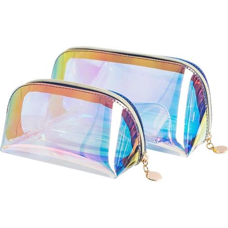 Trousse de Maquillage Irisée Maquillage Holographique Transparente Grande Capacité Trousse de Toilette Couleur Laser Sac de Rangement à Fermeture à Glissière Trousse de Toilette 2 Pièces, (1/5)