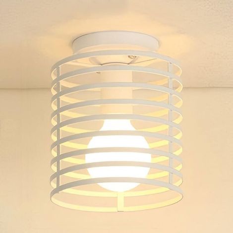 Plafonnier rétro style cage avec abat-jour cylindrique suspendu. Douille E27. Convient aux chambres, cuisines, couloirs et salons (blanc, 16 cm). (1/5)