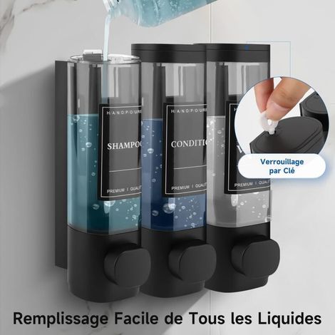 Dispensador de jabón, gel de ducha y champú y acondicionador triple para montaje en pared, no requiere perforación, ABS, para baño, cocina, mercado, hotel, restaurante, 300 ml (negro) (1/3)