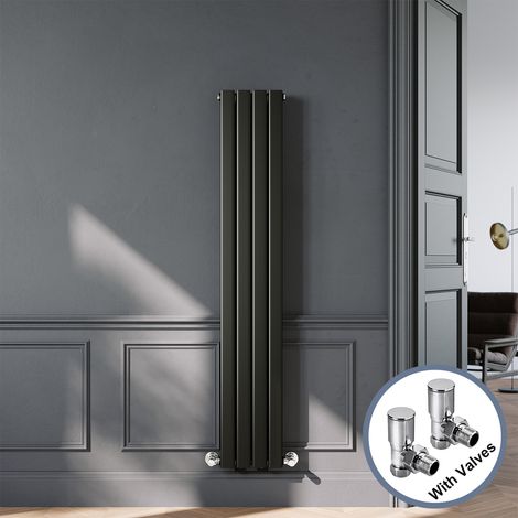 ELEGANT Designer Black Vertical Radiator 1600 x 272mm Double Panel Flat Panel Rads with Chrome Angled Radiator Valves (1/5)