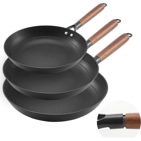 Poêle en Fonte Lot de 3PCs 20,5/26,5/31 cm, Sauteuse Antiadhésive Pré-assaisonnée avec Poignée en Bois Amovible, Ustensiles de Cuisine Restaurant, pour Gaz, Électrique, Induction, Noir (1/5)