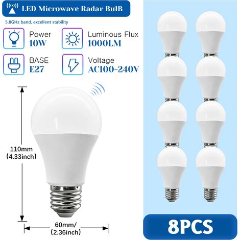 (8 unités, lumière naturelle 4000K) Ampoule radar à micro-ondes avec détecteur de mouvement, 10 W, 1000 lm, sans scintillement (1/5)