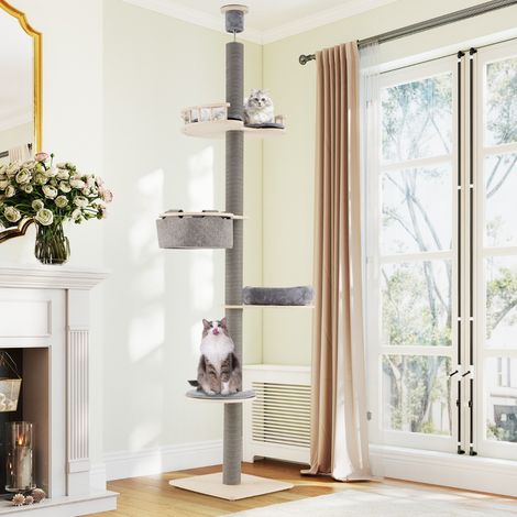 Arbre à Chat du Sol au Plafond avec Hauteur Ajustable de 236-271 CM Tour à 5 Niveaux avec Perchoir Lit Douillet Hamac Poteaux à Griffer Gris (1/2)