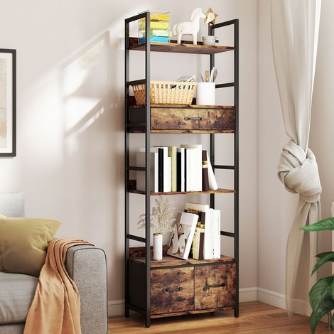 6-stöckiges Bücherregal mit 4 Ablagen, 3 Stoffschubladen, 60 x 30 x 176 cm, rustikales Braun