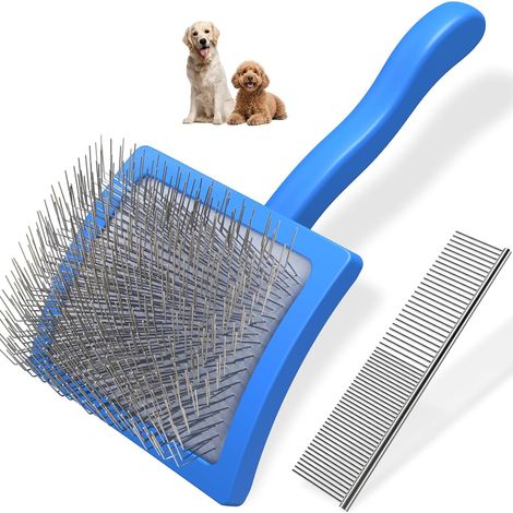 Set da 2: Spazzola e pettine per cani e altri animali domestici – Spazzola professionale per la toelettatura (per Goldendoodle, Barboncini, Labradoodle) per nodi e grovigli (Blu, Taglia Grande) (1/5)