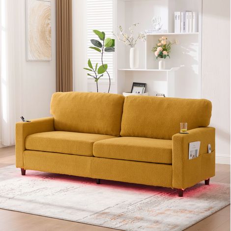 Sofá 2 plazas de chenilla amarillo mostaza 203 cm con USB-C, LED regulable y portavasos (1/5)