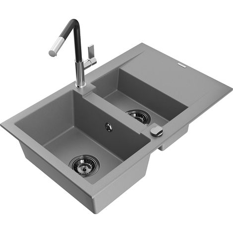 Mexen Gaspar évier en granit 1,5 bac avec égouttoir et robinet de cuisine Flora, gris - 6507-71-670401-07-B (1/5)