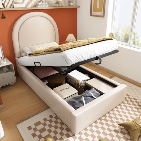 Letto contenitore per bambini in velluto 90x200cm, rete a doghe imbottita, idraulica, senza materasso, beige