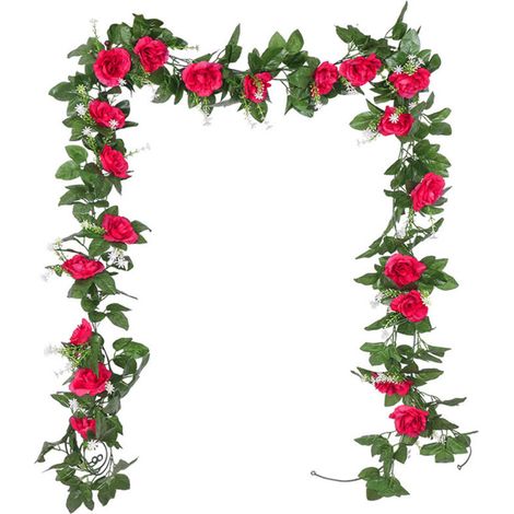 Lot de 2 Rosiers Artificiels Grimpants Rouges, 2,2 mètres - Fausses Roses Tombantes, Décoration de Balcon et Mur Végétal