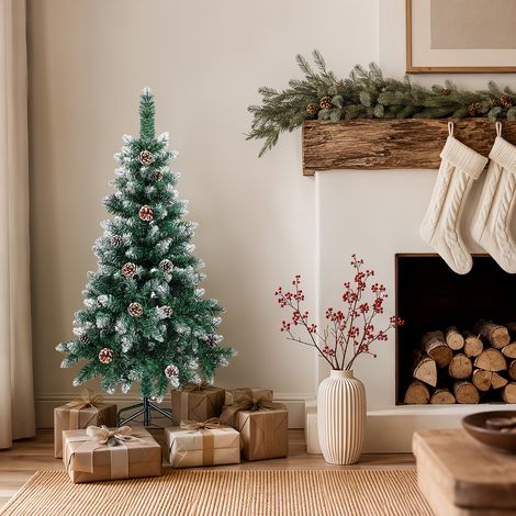 Jiubiaz Künstlicher Weihnachtsbaum 120 cm Grün mit 15 Tannenzapfen und Schnee-Effekt, 180 Zweigspitzen, PVC, Metallständer (1/5)
