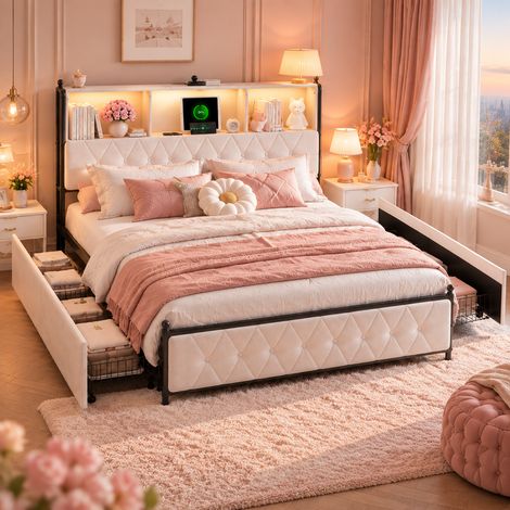 Lit coffre double 160 x 200, Lit adulte 160 x 200 avec 4 tiroirs, Table de chevet avec étui souple et bande lumineuse LED, Ports USB et de type C, Velour Beige (1/5)