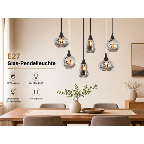 ZMH Suspension E27 Vintage 6 Lumières en Verre Gris Fumé, Lampe Suspendue Réglable en Hauteur 85 cm pour Salle à Manger, Cuisine et Salon (1/5)