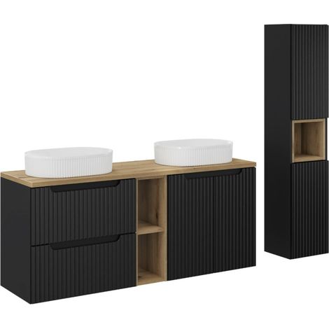 Ensemble salle de bain 170cm double vasque ovale blanche NOVA avec meubles suspendus et colonne-Noir (1/5)