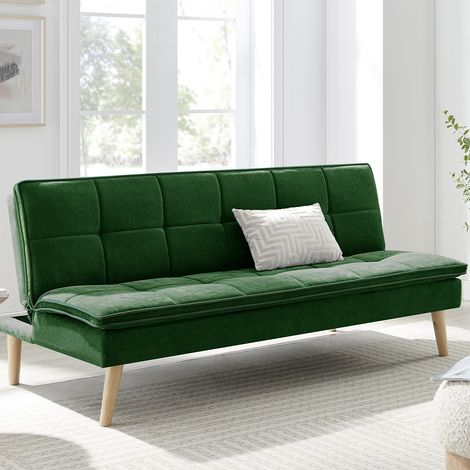 Divano Letto Reclinabile 3 Posti Ergonomico in Tessuto Verde con Gambe in Legno (1/5)