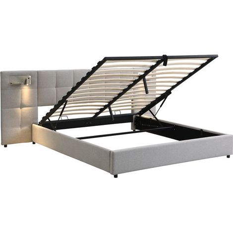 Lit coffre rembourré 180×200 cm en lin gris avec sommier à lattes, port USB, recharge sans fil et lampe (1/5)