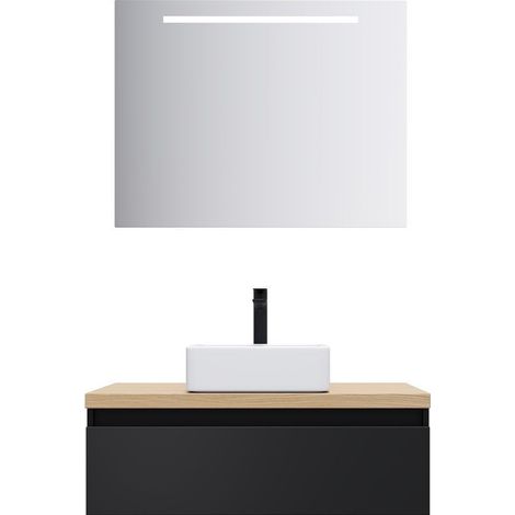 Meuble de salle de bain suspendu vasque à poser 90cm 1 tiroir Noir + miroir - Hudson (1/5)