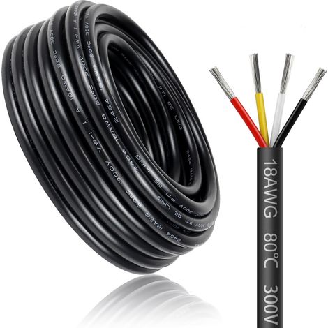 Câble électrique 10 mètres 18 AWG 4x0,75mm² à 4 conducteurs, fil de cuivre étamé flexible, impédance faible, compatible alimentation LED 5V / 12V / 24V, résistance aux hautes températures (1/5)