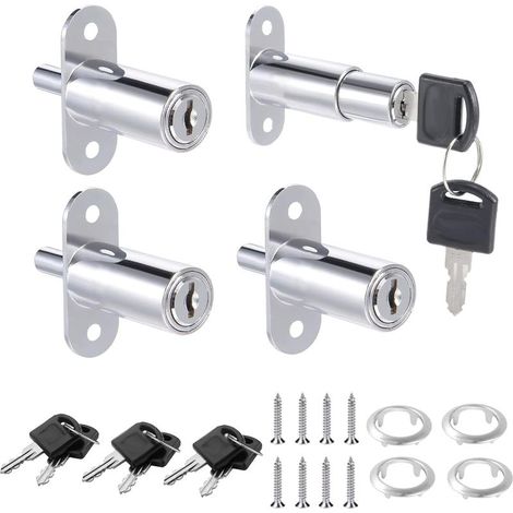 Set di 4 serrature per armadietti e cassetti, in lega di zinco, per porte scorrevoli, con 8 chiavi, ideali per vetrine, schedari, cassetti, armadi, uffici e altri mobili, diametro 19 mm (argento). (1/5)