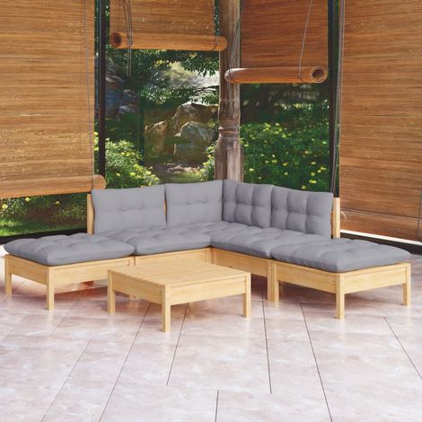 Salon de jardin 6 pcs Ensemble Table et Chaise de Jardin - avec coussins gris Bois de pin BV706377 - BonneVie (1/5)