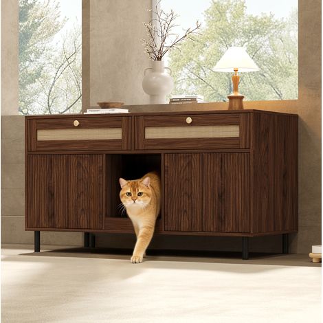 Mueble arenero para gatos con alfombra recogedora de arena, 120x50x65 cm, nogal DESVIAE (1/5)