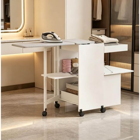 Meuble à repasser pliable sur roulettes, armoire blanche en MDF avec planche intégrée, espace de rangement et portes à fermeture douce, pour petite buanderie – CHICFURN (1/5)