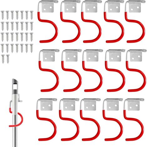 Support de rangement pour outils de jardin avec 15 crochets muraux rouges et 30 vis, adapté aux sous-sols/abris de jardin.