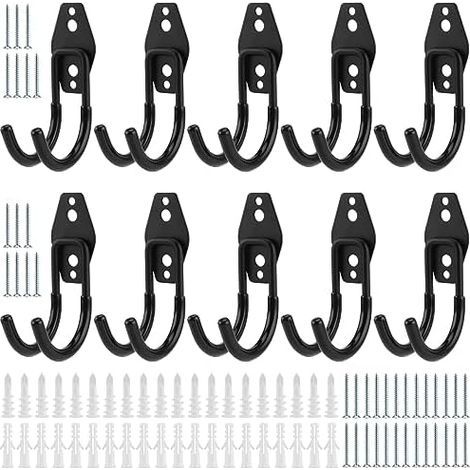 Set mit 10 robusten Doppelhaken für die Garage – Schwarze Universalhaken mit Wandschrauben für Gartengeräte, Leitern und sperrige Gegenstände (1/5)