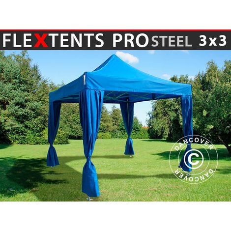 Faltzelt FleXtents PRO Steel 3x3m Blau, mit 4 Gardinen