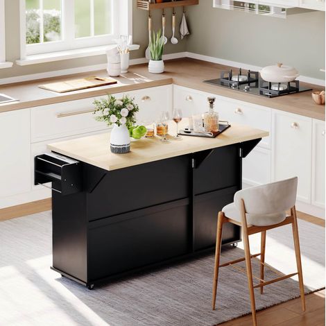 Isola da cucina 137x70x89.5 cm naturale e nera in MDF con piano ribaltabile, cassetti, armadietto e ruote bloccabili (1/5)