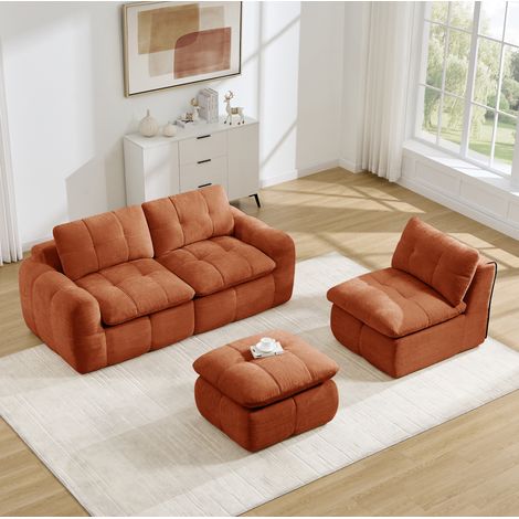 Modulares 3-Sitzer-Ecksofa, orange Chenille, ohne Montage, mit 1 Hocker HAVRYA (1/5)