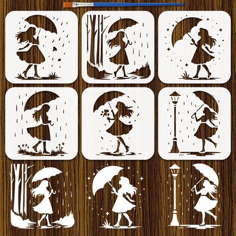 6Pcs Pochoirs de Peinture Femme Saison Des Pluies Avec Pinceau 15x15cm Modèles de Dessin Silhouette Femme Parapluie Arbres Pochoirs Modèle à Thème de Personnage pour Décoration Meubles (1/5)