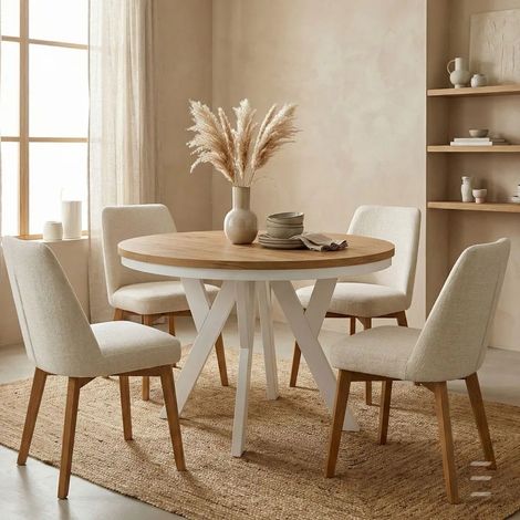 Table de salle à manger ronde extensible PERO avec cerclage métallique, style loft, scandinave, diamètre : 100 / 200 cm, couleur : Craft Golden/Blanc