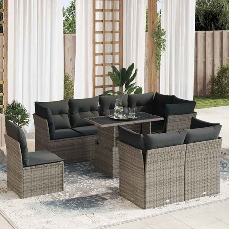 Salon de jardin 9 pièces gris en résine tressée avec coussins et table relevable - PANGIVO (1/5)