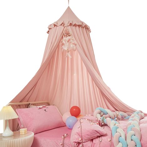 Cabane dans les arbres pour enfants à dôme à pompons, installation sans perçage, rideau de lit, ombrage, manteau de lit, moustiquaire artisanale en coton lavable à l'eau, 1 pièce. (1/5)