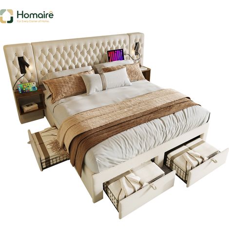 Cadre de lit beige avec rangement et port USB en velours 209 x 266,5 x 105 cm HOMAIRE (1/5)