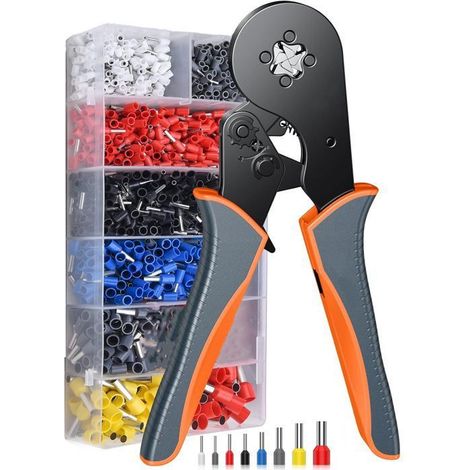 0.08-10mm² Pince a Sertir,avec Cosse Electrique 1200pcs,Orange, Gris,Noir Pince à Sertir,Cliquet Auto-Adjuvsable,Sertissage Précis (1/5)