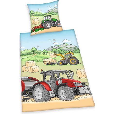 Ensemble de literie en Flanelle, Tracteur, taie d'oreiller 70 x 90 cm, Housse de Couette 140 x 200 cm, avec Patte de Boutonnage, 100% Coton/Flanelle (1/5)