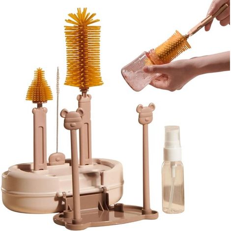 Brosse de nettoyage pour biberons 7-en-1, sans BPA, avec silicone et base fixe, kit de voyage pour biberons, verres, théières, tubes, boîtes et tétines (1/5)