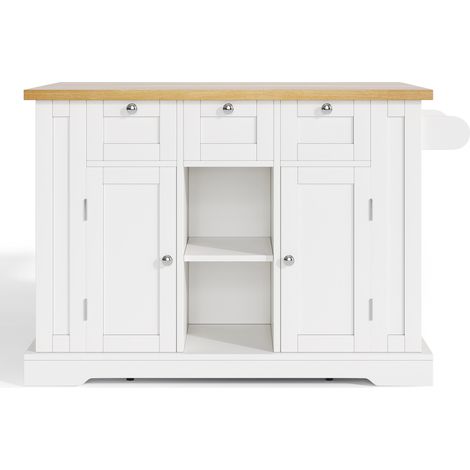 Table de cuisine mobile 132 cm, style maison de campagne, plan de travail rabattable, meuble multifonction, tiroir, porte-épices, porte-serviettes, 4 roulettes, prise intégrée, cuisine/salle à manger/