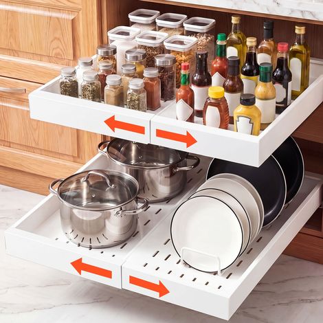 Tiroir Coulissant Cuisine 2PCs Blanc Organisateur de Placard Meuble, Rangement Cuisine Salle de Bain Maison, Largeur Extensible 31-48 cm avec Profondeur 52 cm, Sans Perçage avec Bandes Adhésives (1/5)