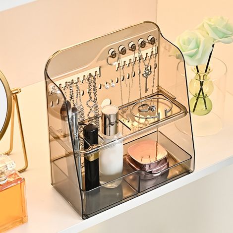 Boîte de rangement de bureau, organisateur de maquillage, boîte à bijoux en plastique, petit rangement pour coiffeuse, pour armoires et comptoirs, gris transparent (1/5)
